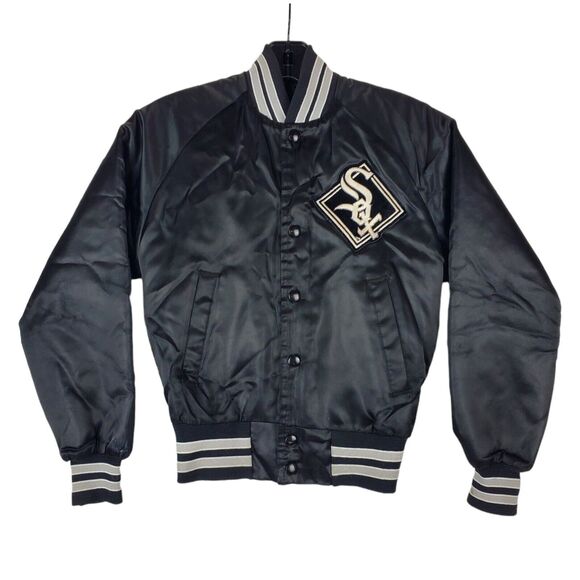 Vintage CHICAGO WHITE SOX Jacket BOYS 10/12 Black Satin CHALK LINE Retro MLB - Picture 1 of 11